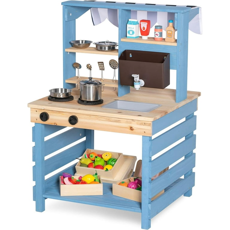 Brinjoy Outdoor Wood Kids Kitchen Playset, Double-Sided Mud