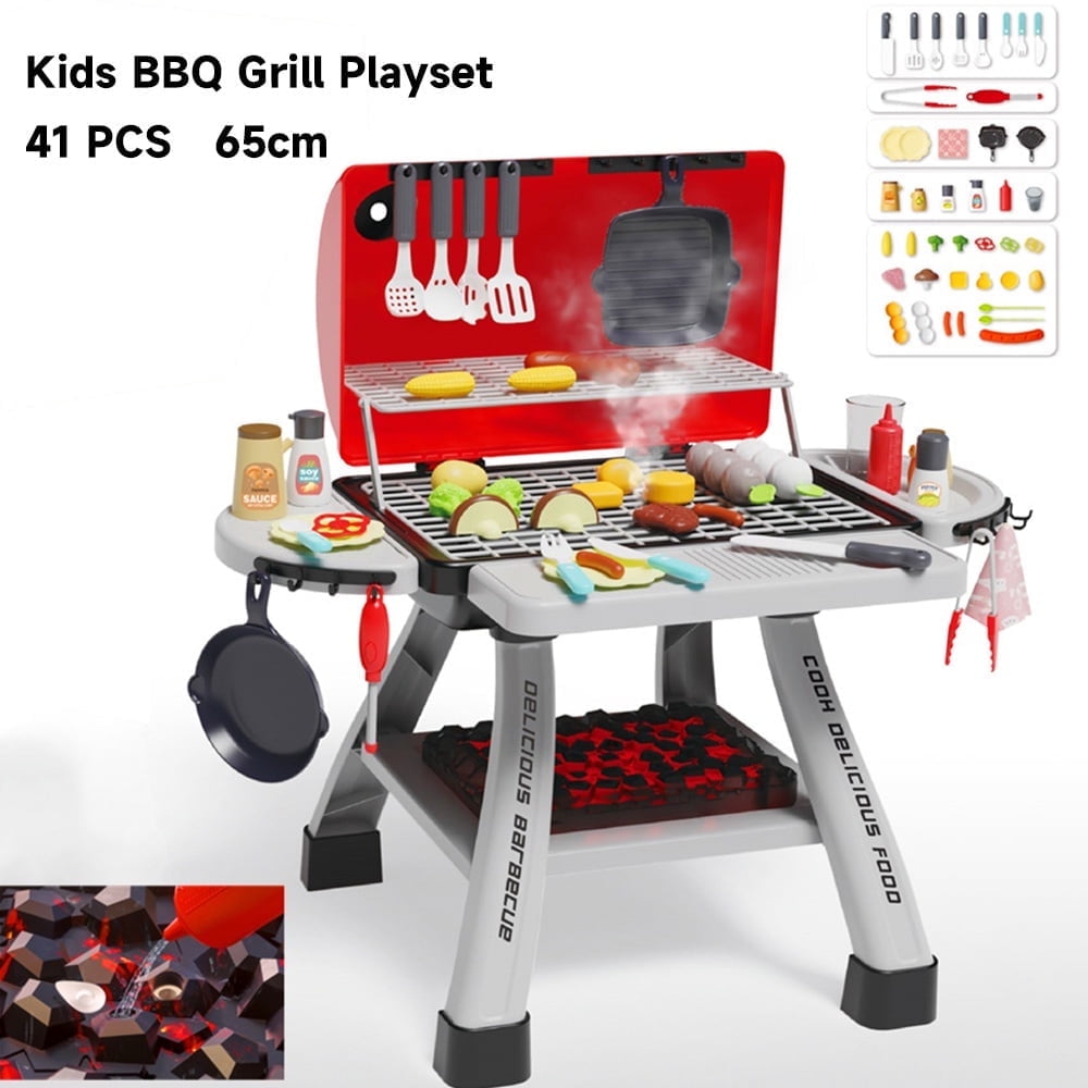 Kids Kitchen Playset, Kids BBQ Grill Playset with Smoke, Sizzle \u0026 Light, Toy Barbeque Play Set for Kids, Pretend Play Food Kitchen Toys, Interactive Barbecue Cooking Game for Toddlers Boys Girls 3-7