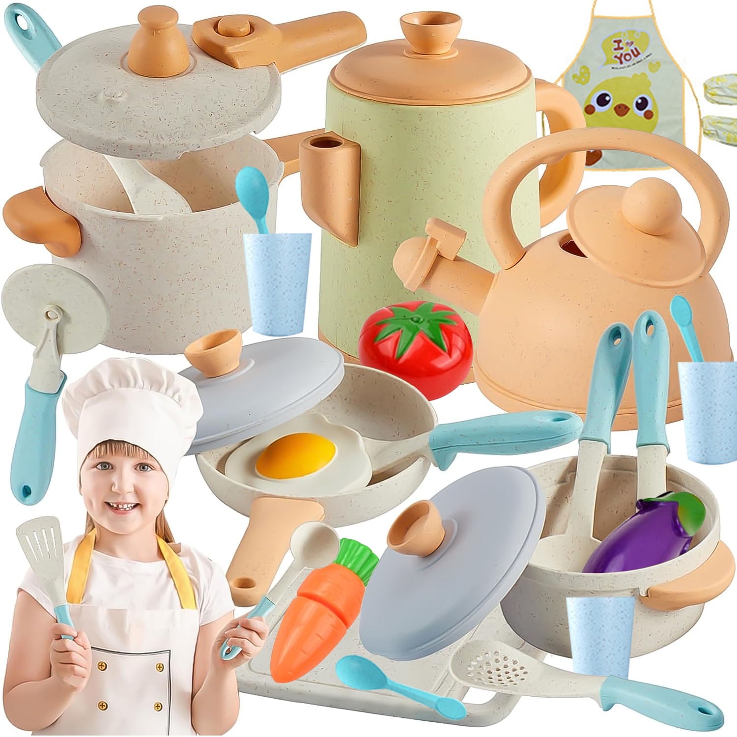 Kids Kitchen Playset, Pretend Food and Cooking Accessories Set for Toddlers 3-8 Girls and Boys