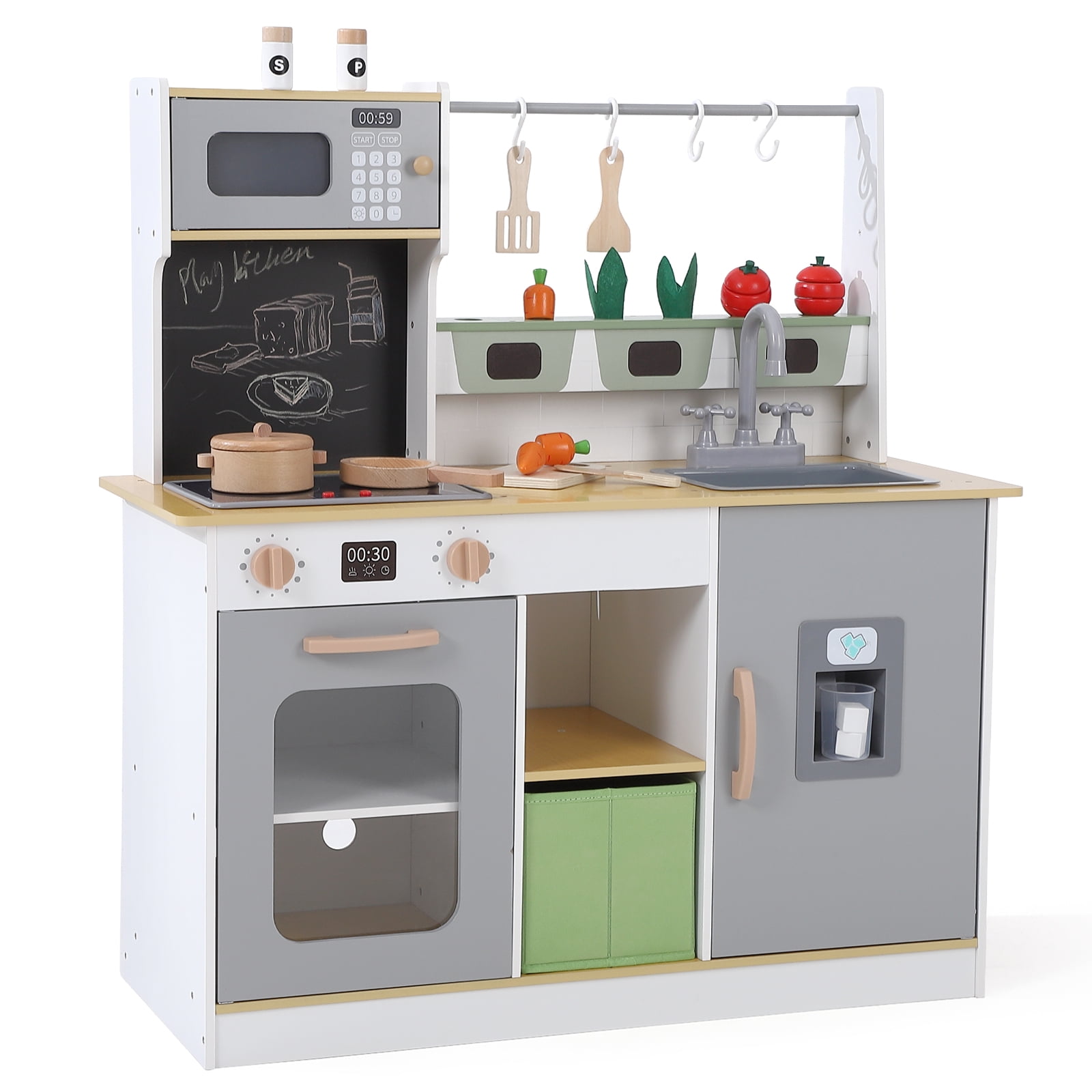 Multicolor Wooden Play Kitchen Set with Accessories and Chalkboard