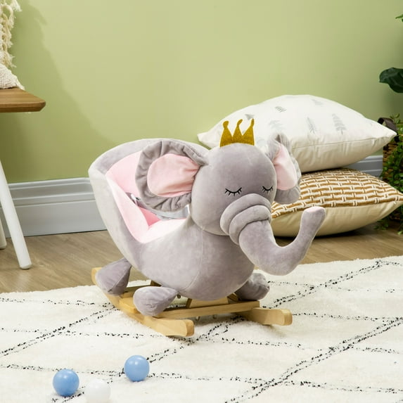 Kids Kitchen Qaba Baby Rocking Horse Elephant Rocking Chair Toddler Rocker Toy with Sound Wooden Base Seat Safety Belt for 1.5-3 Year Old, gray,Toy Kitchen