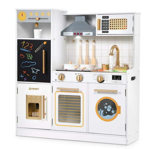 Kids Pretend Play Kitchen with Running Water, Lights & Sound, Wooden Play Toy Kitchen for Boys Girls Ages 3+, Over 20pcs Accessories