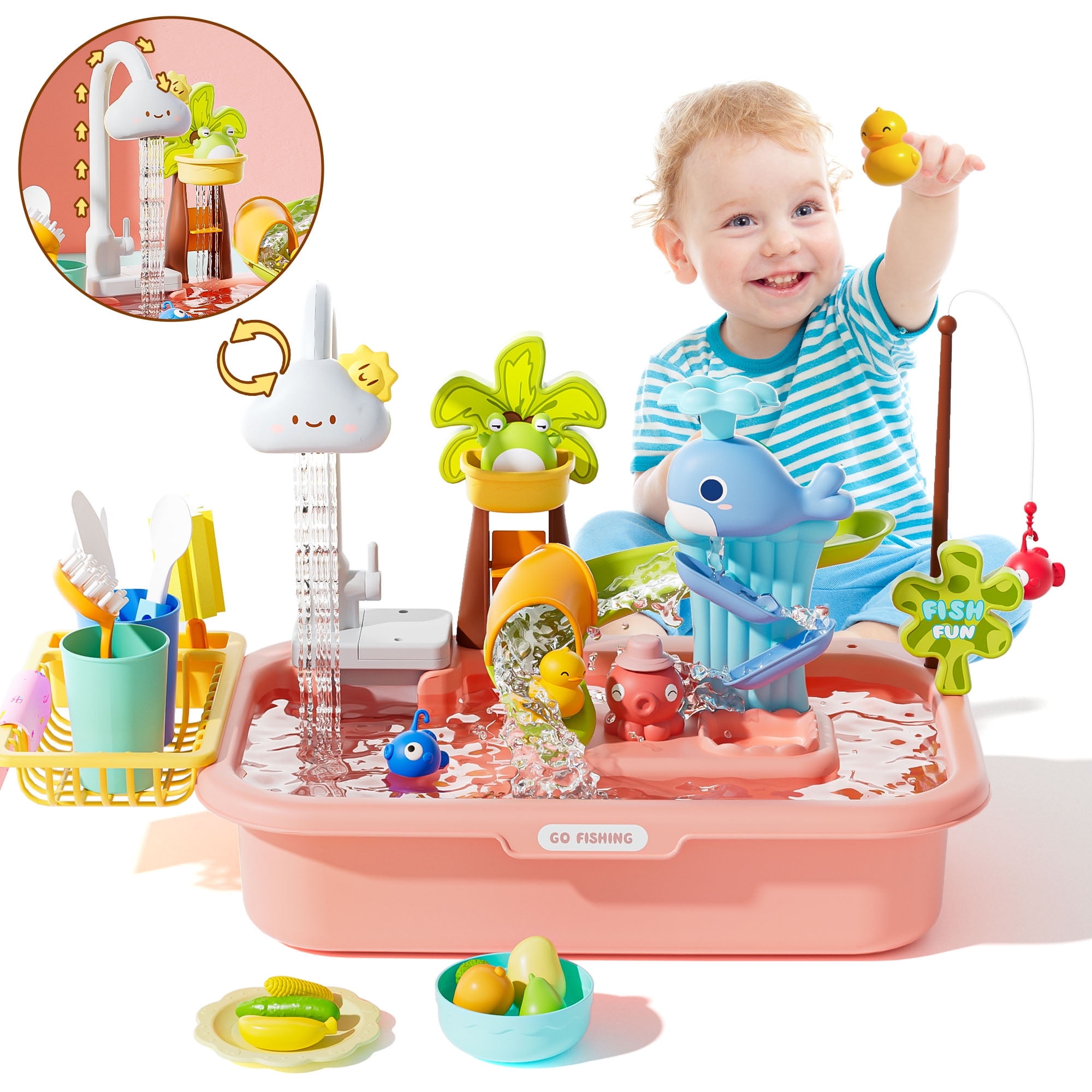 Kids Kitchen Sink Toys, Children Electric Dishwasher Playing Set , Upgraded Faucet, Pool Floating Fishing Toys and Automatic Water Cycle System, Pretend Role Play Toys for Boys Girls, Pink