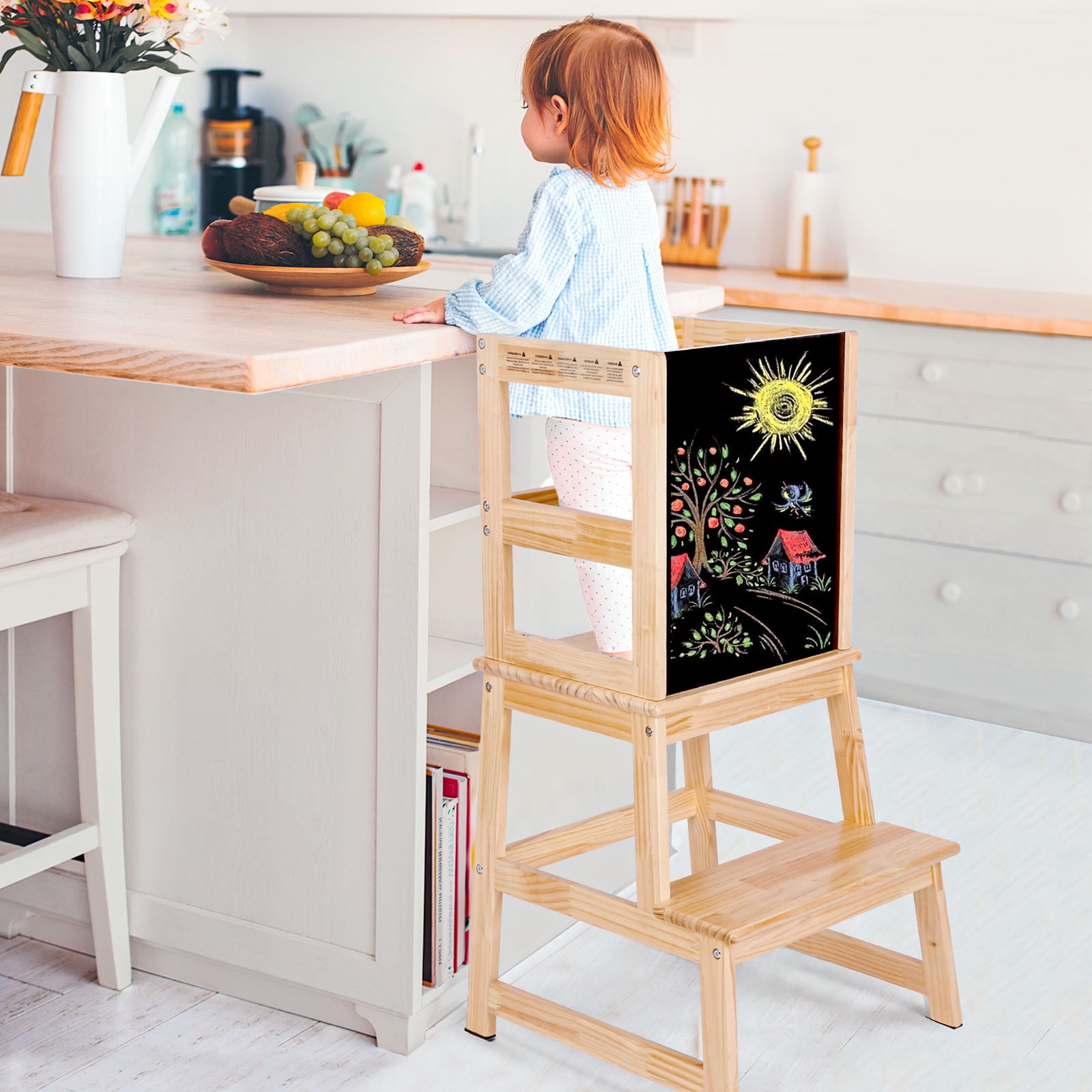 Kids Kitchen Step Stool with Chalkboard & Safety Rail for Toddlers 18