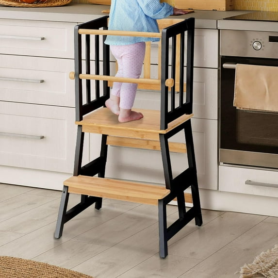 Kids Kitchen Step Stool Helper Baby and Toddler Multi-Function Step up Nursery Helper Stand with Safety Rail in Natural Bamboo, Strong and Lightweight (Black)
