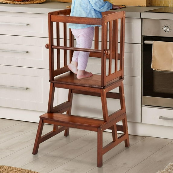 Kids Kitchen Step Stool Helper Baby and Toddler Multi-Function Step up Nursery Helper Stand with Safety Rail in Natural Bamboo, Strong and Lightweight (Black)