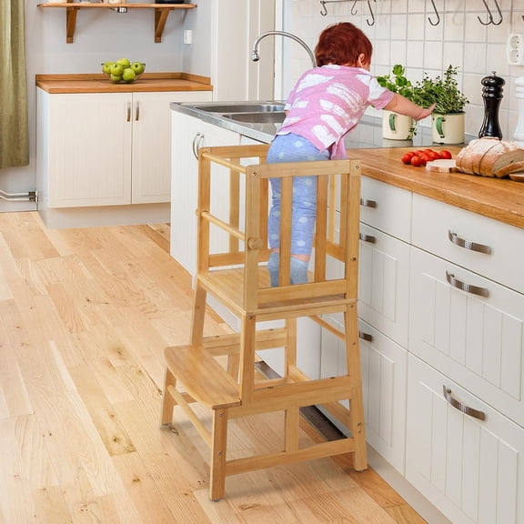 Kids Kitchen Step Stool Helper Baby and Toddler Multi-Function Step up Nursery Helper Stand with Safety Rail in Natural Bamboo, Strong and Lightweight (Black)