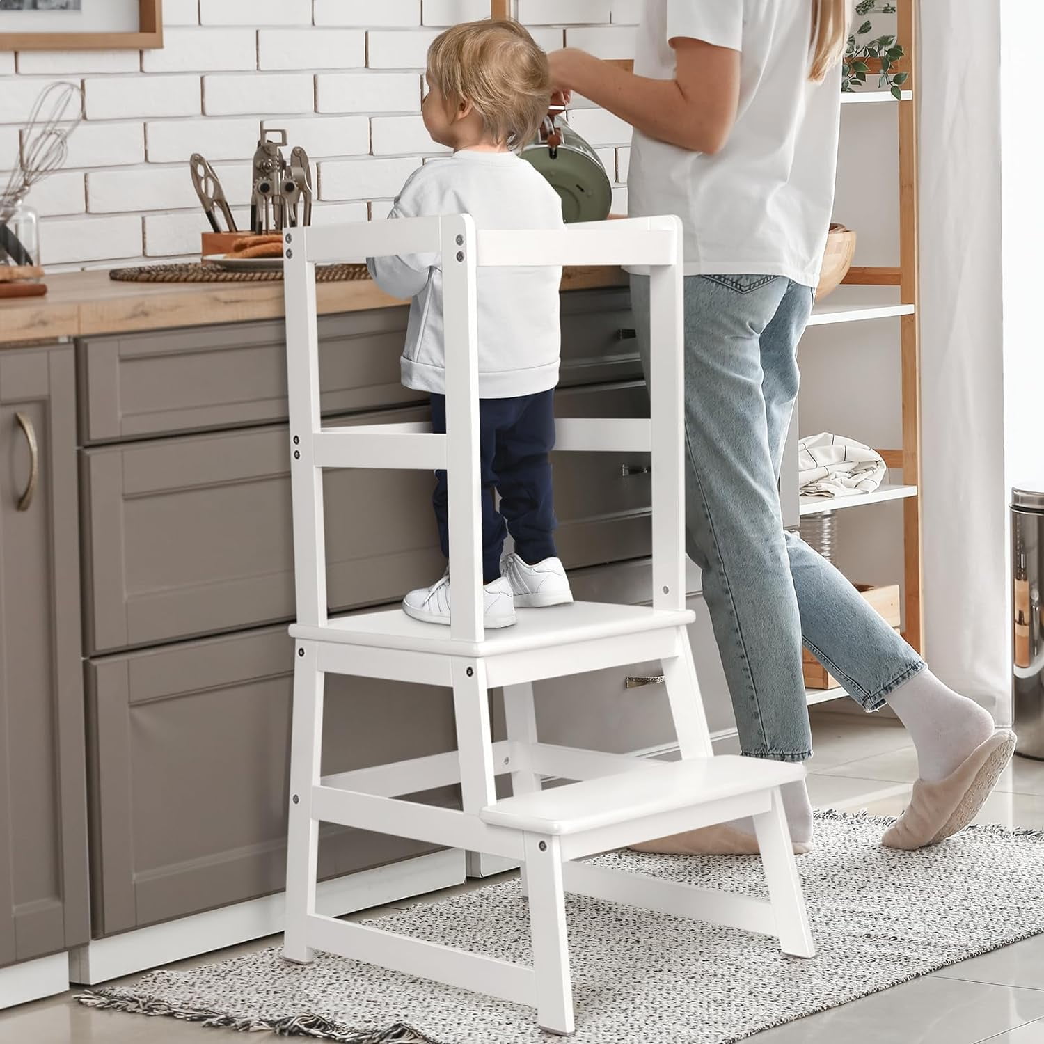Kids Kitchen Step Stool, Standing Stool with Safety Rail for Toddlers