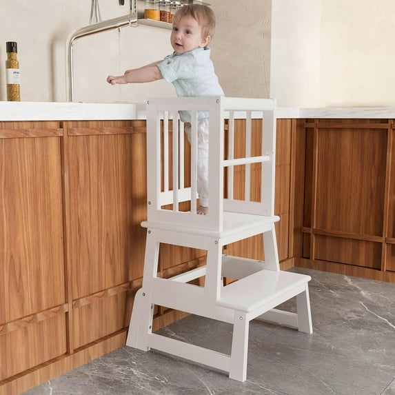 Kids Kitchen Step Stool, Toddler Montessori Learning Standing Tower, Ideal Toddler Kitchen Stool Helper for Bathroom Sink or Counter - 2025 Design with 3 Exclusive Upgrades - White