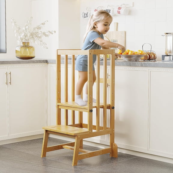 Kids Kitchen Step Stool, Toddler Standing Tower Adjustable Height with Anti-Slip Feet, Toddlers Learning Step Stool Helper for Kitchen Counter or Bathroom Sink, Natural Bamboo