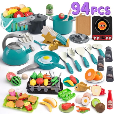 KOPPOP Toddler Kitchen Set - Educational Cooking Toys for Kids Ages 3+ with 20+ Play Food, Toy Kitchen Accessories, Realistic Pots, Pans & Magic-Stick Vegetables.