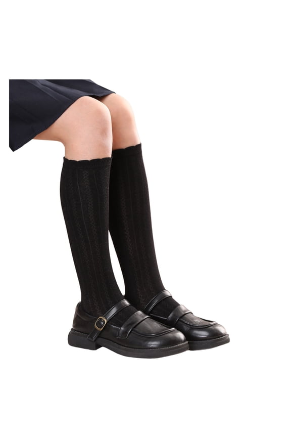 Kids Knee High Socks Ruffle Lace Trim Solid Color Pattern Printed Long Boot Stockings Leg Warmers Girls Black