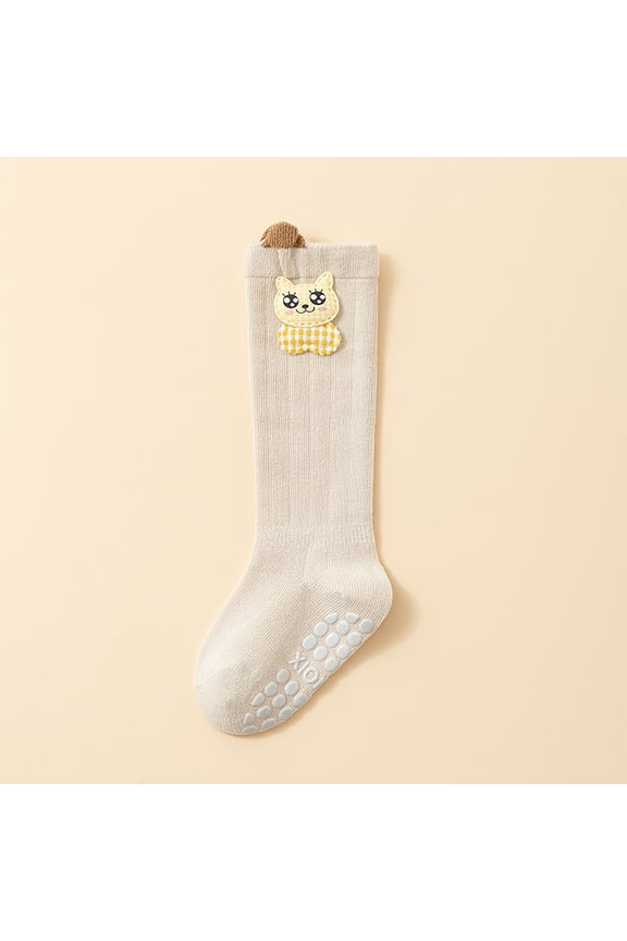 Kids Knee High Socks with Non Slip Grips, Cat Patterned Kids Grip Socks, 100% Cotton Beige Kids Socks 0-3 Years,Size M