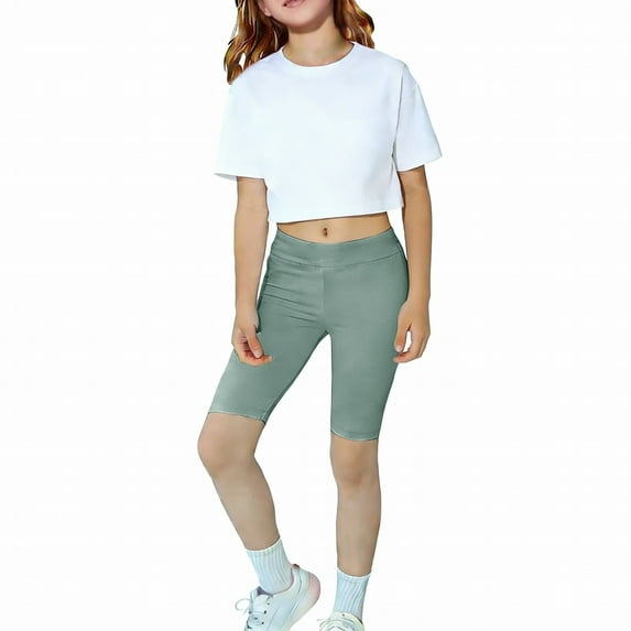 Kids Knee Length Leggings, High Waist Elastic Yoga Pants for Children, Stretchy Running Dance Shorts and Athletic Wear, Toddler Girls Stretch Pants for Daily Play, 3-10Y Green 110