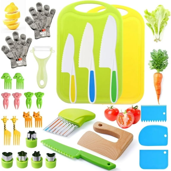 Kids Knife Set for Real Cooking - Toddler Knife Set, Montessori Kids Kitchen Knife Set Toys & Gifts for 3-12 Year Old Girl Boy - Kids Chef Safe Set, Kids Cooking Sets with Cutting Board Wooden Knife