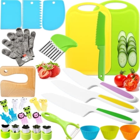 Kids Knifes for Real Cooking, Montessori Kids Kitchen Knife Set with Cutting Board Crinkle Cutters Kid Safe Knives, Toddlers Kitchen Tools for Age 2-10 Year Old Girl Boy, 32Piece