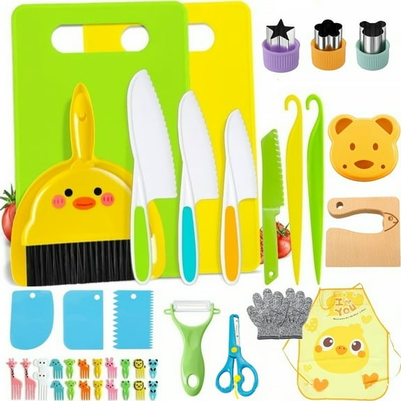 Kids Knifes for Real Cooking, Montessori Kids Kitchen Knife Set with Cutting Board Crinkle Cutters Kid Safe Knives, Toddlers Kitchen Tools for Age 2-10 Year Old Girl Boy, 42Piece