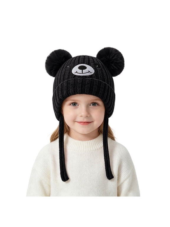 Kids Knit Trapper Hat with Ears Winter Warm Earflap Cap with Ties for Toddlers Fleece Lined Cold Weather