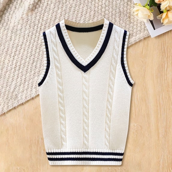 Kids' Knit Vest, Sleeveless V-Neck Layering Sweater for Spring and Autumn, Soft and Lightweight for School, Daily Outfits, Cool Weather, Perfect as a Base Layer or Stylish Standalone Piece - White