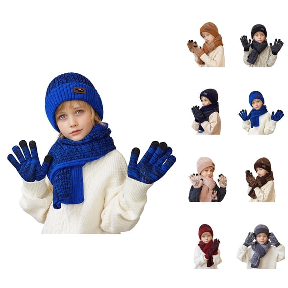 Kids Knit Winter Three-Piece Set â Warm Soft Hat Scarf Gloves with Lining for Cold Weather Protection, Cozy Outdoor School Play Activities, Cute Child Winter Accessories Gift Ideas Ski