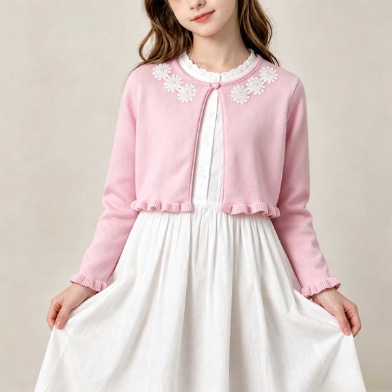 Kids Knitted Cardigan, Round Neck Long Sleeve Casual Sweater, Medium & Large Sizes For Boys & Girls Pink 1-2 Years