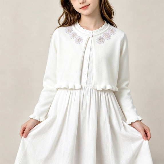 Kids Knitted Cardigan, Round Neck Long Sleeve Casual Sweater, Medium & Large Sizes For Boys & Girls White 1-2 Years