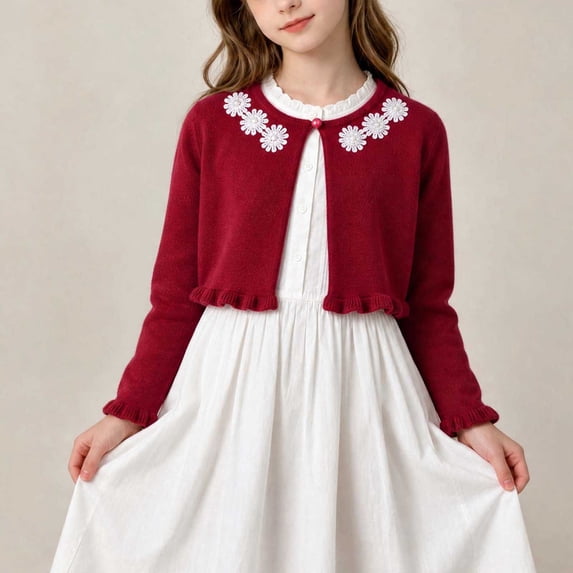 Kids Knitted Cardigan, Round Neck Long Sleeve Casual Sweater, Medium & Large Sizes For Boys & Girls Wine 9-10 Years