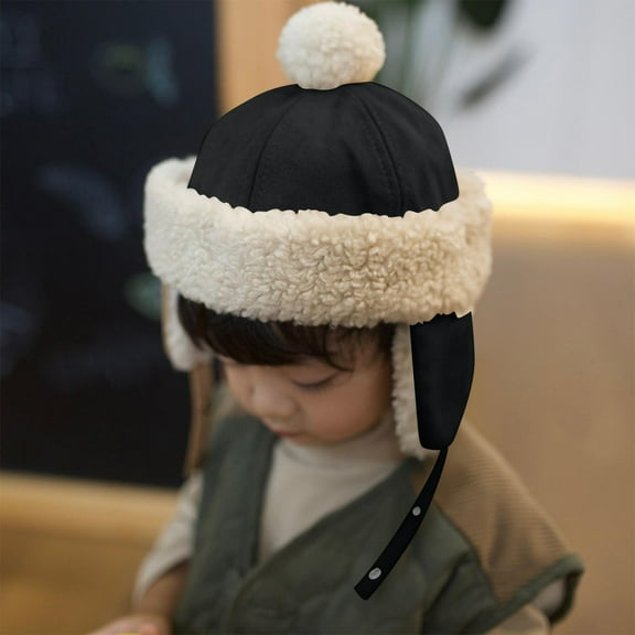 Kids Knitted Hat Winter Warm Fleece Lining Beanie with Ear Flaps for Girls Boys Black 1-10 Years