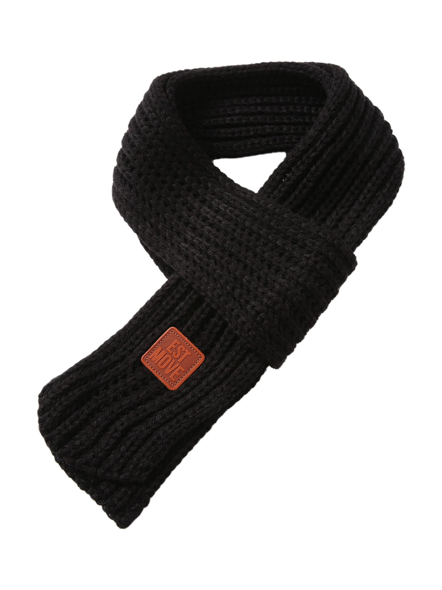 1pc Unisex Winter Warm Knitted Scarf/shawl With Leather Tag & Letter  Pattern, Plain Color Couple's Neck Warmer, Perfect For Outdoor Activities  And Daily Leisure