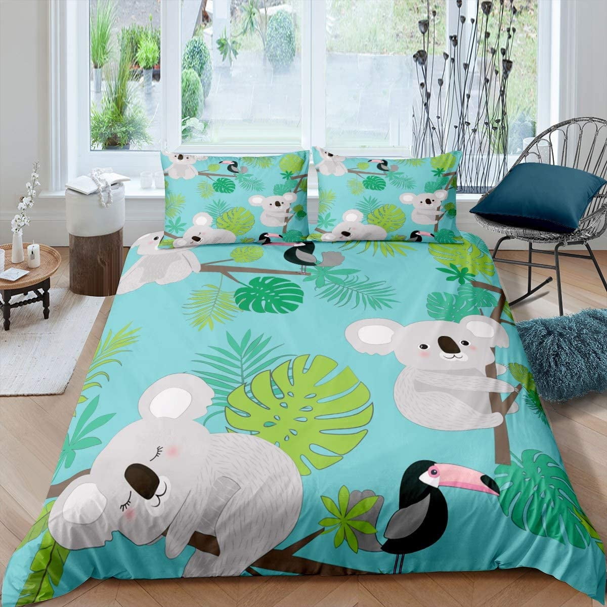 Kids Koala Duvet Cover Cute Animal Pattern Bedding Set Palm Leaf