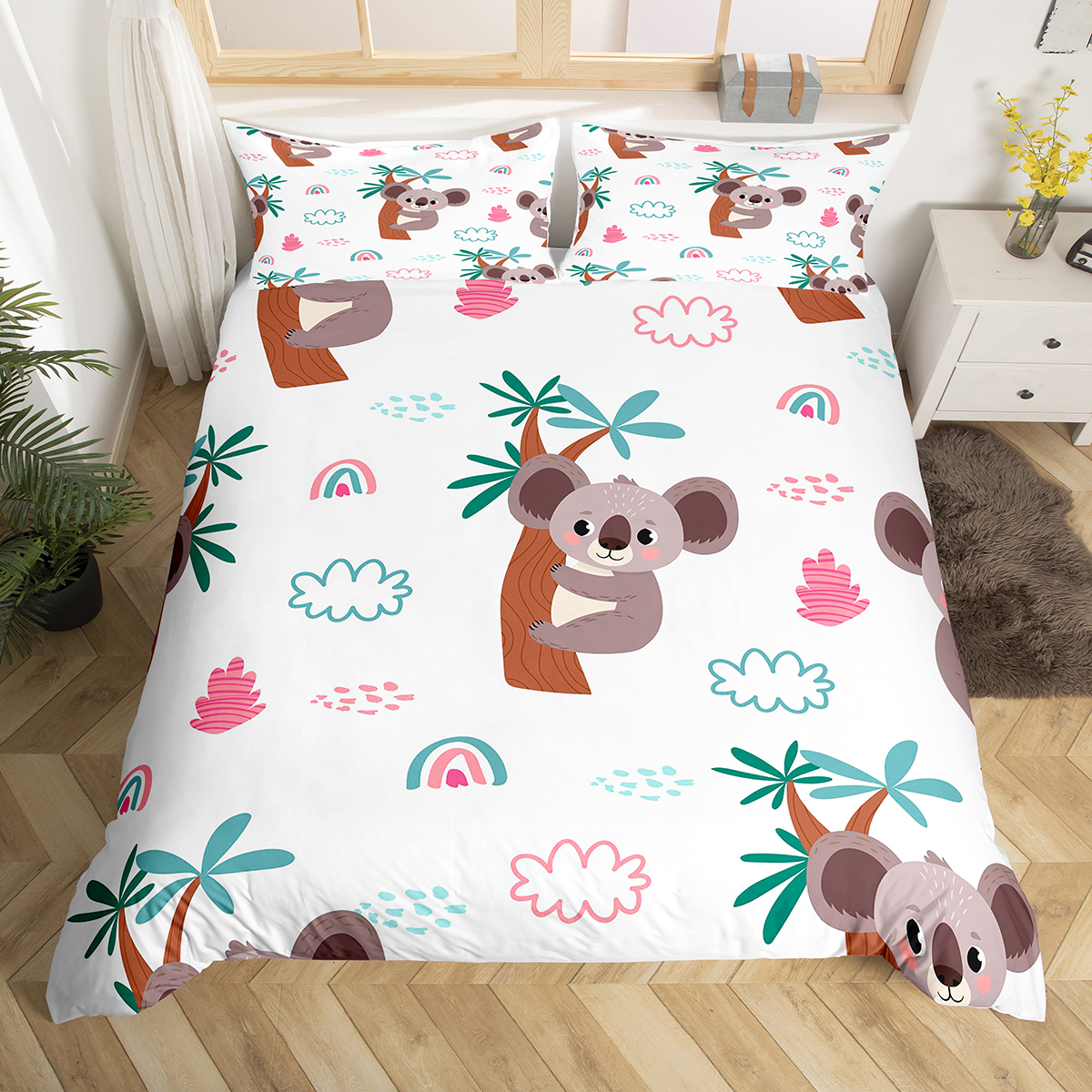 Kids Koala Duvet Cover Queen Size,Girls Rainbow Bedding Set,Cute Koala