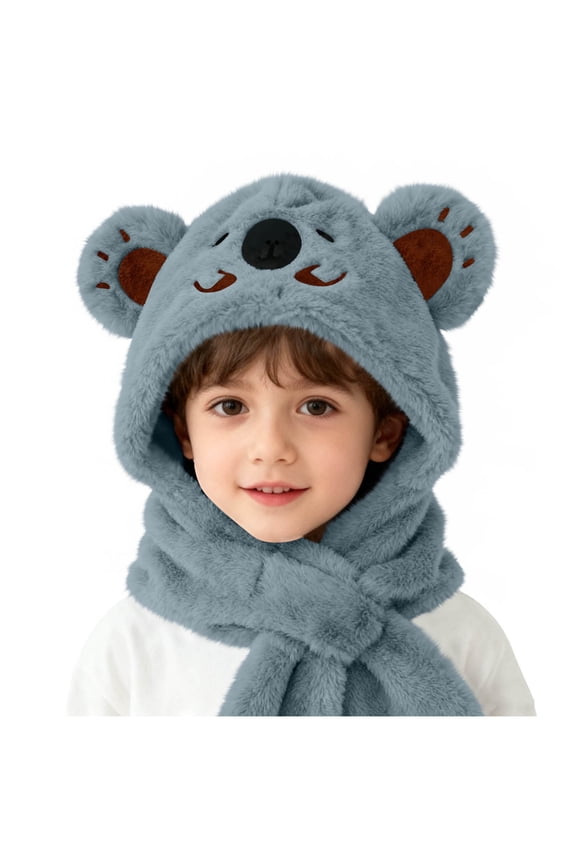 Kids' Koala Shaped Fleece Beanie Scarf with Hood Warm Winter Accessory for Ages Six Months to Two Years Blue 2 Years