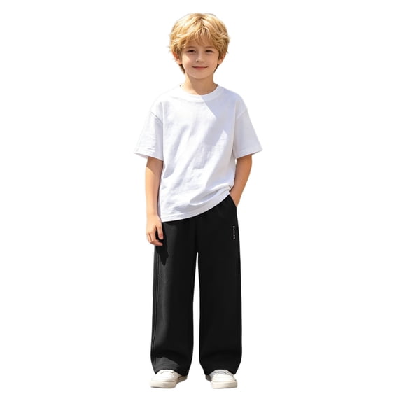 Kids Korean Style Slim Wide Leg Sweatpants, Boys Girls Straight Leg Knit Trousers, Elastic Waist Casual Pants for Daily Outdoor Wear(Black,12-13 Years)