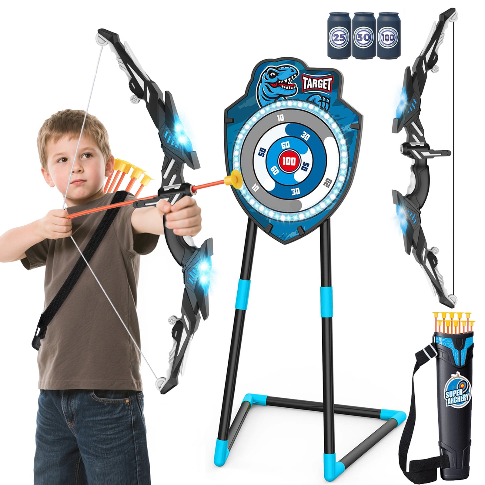 Kids LED Standing Archery Set with Bow & Arrows – Outdoor Sports Toy for Boys & Girls Ages 4-12, Safe & Fun Target Practice Game, Blue