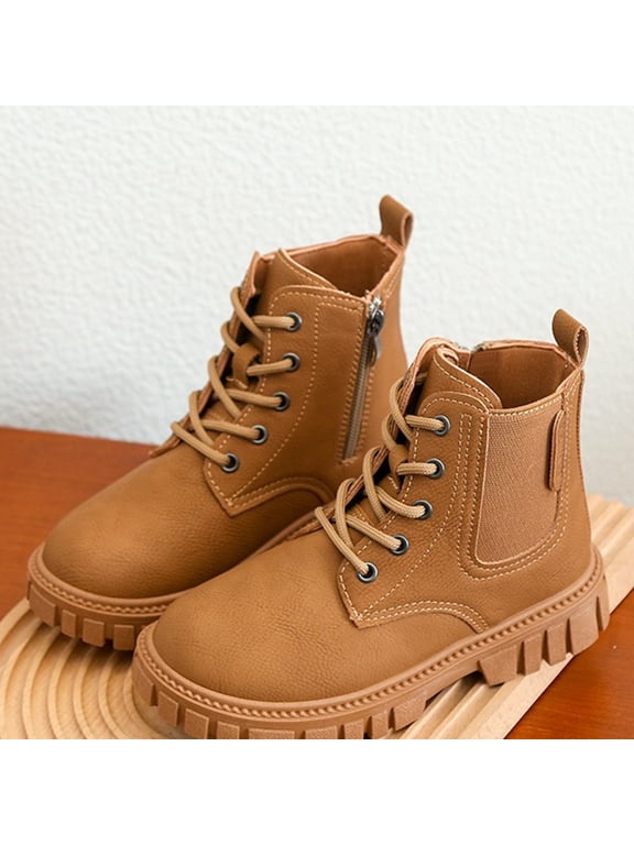 Kids Lace‑Up Chelsea Martin Ankle Boots, Faux Leather Elastic Side Panel Children Booties, Thick Non‑Slip Lug Sole Footwear for Boys Girls Outdoor Hiking School Daily Autumn Winter Casual Wear