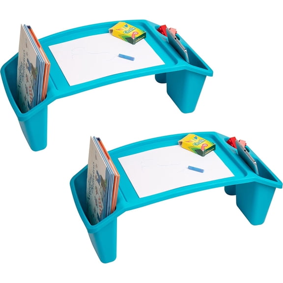 Kids Lap Desk, Portable Activity Tray with Side Storage, Stackable Plastic Desk for Drawing, Snacks, Study, Set of 2, Blue