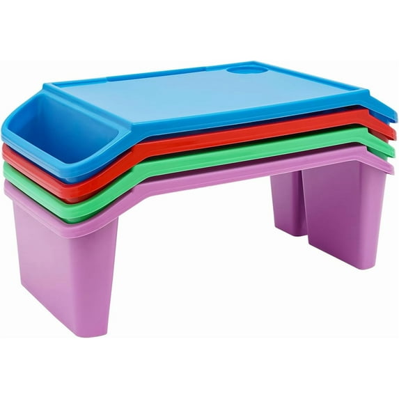Kids Lap Desk Tray Plastic Breakfast Laptop Trays with Storage Portable Activity Table with Side Pockets/Slot Portable Lap Bed Table for Writing Eating Game Snacks (Multi/ 4pcs (22"x12"x8"))