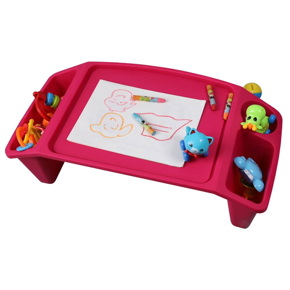 Basicwise Pink Activity Desk Table with Built-In Cup Holder and Storage Compartments, Multipurpose Lap Tray for Home Learning, Art Activities, Snack Time, Reading, Floor-Based Tasks