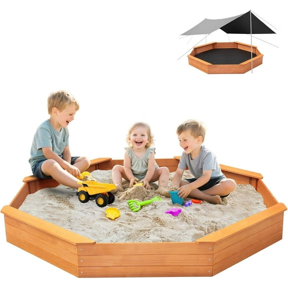 Kids Large Octagonal Wooden Outdoor Sandbox with Cover, 4 Built-in Benches Extra Large Sandpit, Bottom Liner, Playset Gift for Backyard Garden Easy Assembly