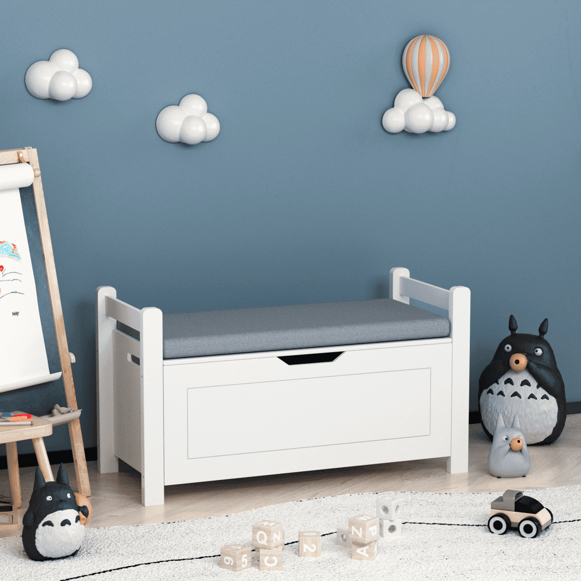 Kids Large Toy Chest for Girls Boys, 2 In 1 Wooden Toy Storage Truck Bench with Flip-Top Lid, 2 Safety Hinges, Toddler Big Toy Box for Playroom & Bedroom, White