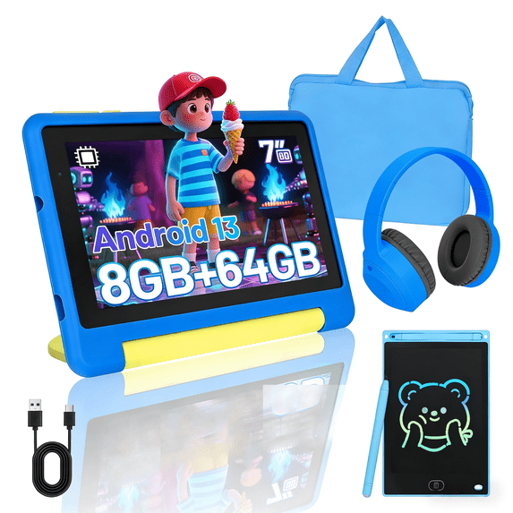 Kids Learning Tablet Bundle - 8GB RAM + 64GB ROM (Expandable to 128GB) | Parental Control, Pre-Installed Kids Software, Dual Camera | Includes Headphones, Stylus & Bag - Blue