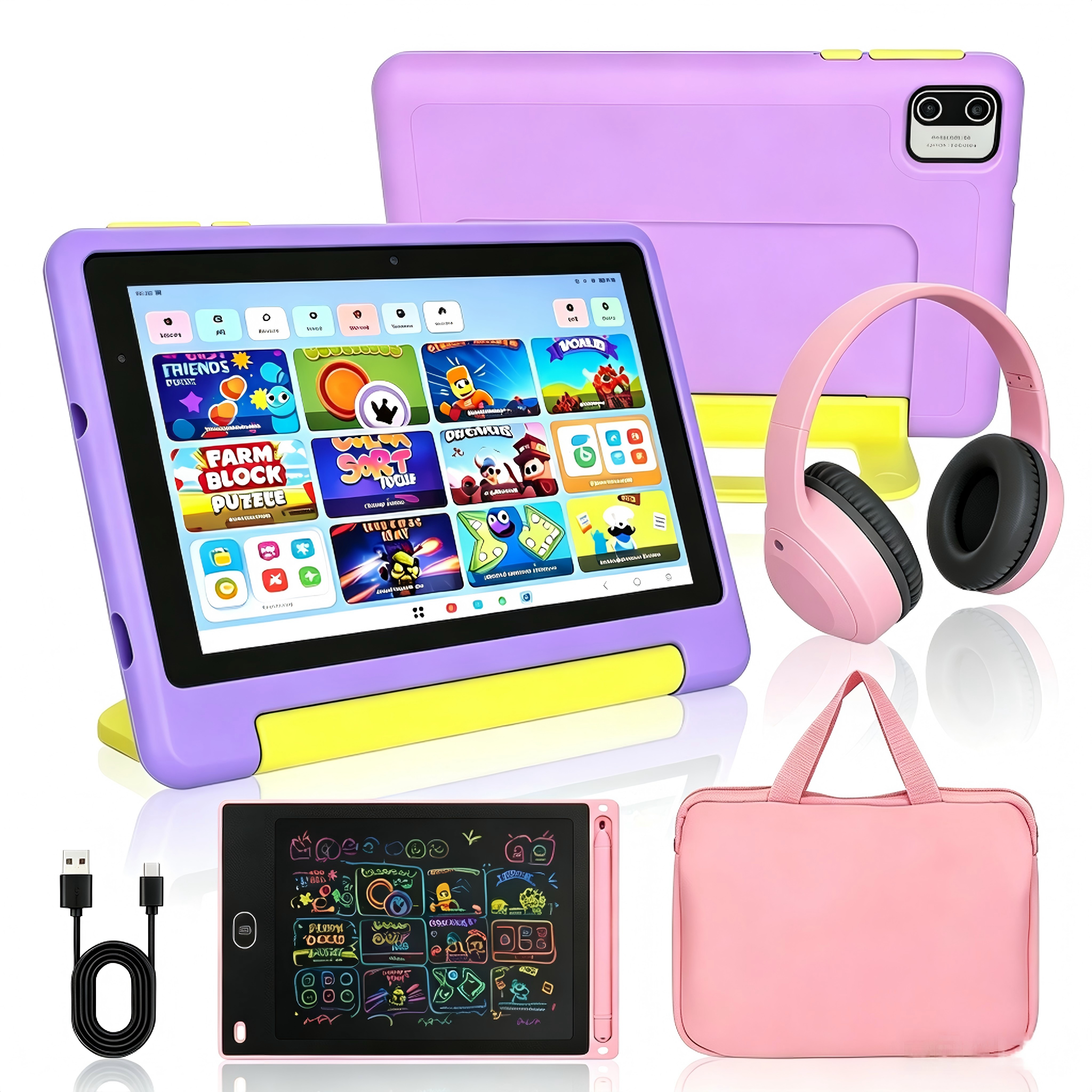 AEEZO 7 Inch Kids Tablet Bundle, 8GB RAM 64GB, Learning Tablet for Kids Ages 3-10 with Headphones Stylus Bag, Purple