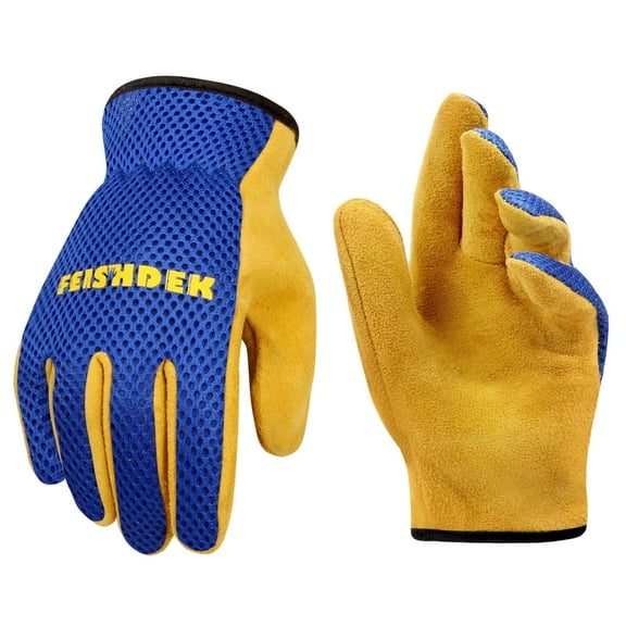 FEISHDEK Kids Leather Gardening Gloves for Toddlers, Breathable Yard Work Gloves (Blue, Medium,Age 4-6)