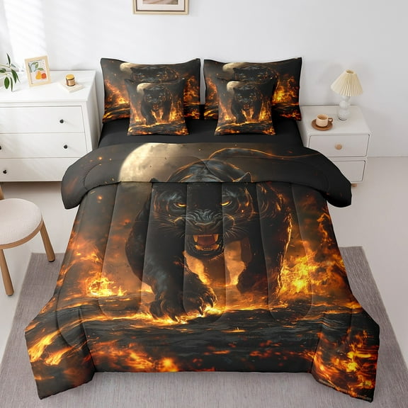 Leopard Comforter Set Moon Cheetach Printed 7 Pieces Queen Bedding Set,Woodland Animal Bed In A Bag Men Wildlife Leopard Bed Set