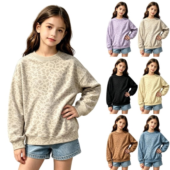 Kids Leopard Print Crew Neck Sweatshirt Boys Girls Long Sleeve No Hood Pullover Top Soft Loose Fit Casual Sweatshirt for Autumn Winter Campus Outdoor Daily Wear(Beige,3-4 Years)