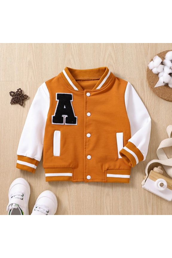 Kids Letter Print Baseball Jacket Long Sleeve Windproof Outerwear Warm Casual Coat for Daily School Outdoor Sports and Cool Weather Wear