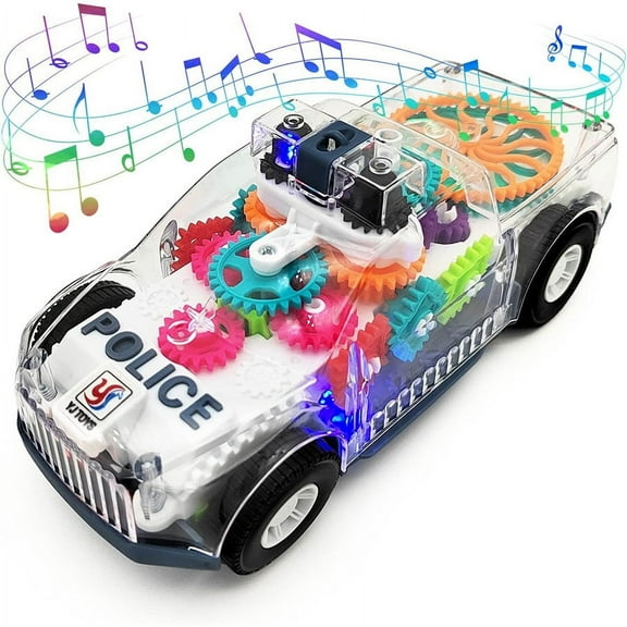 Kids Light Up Transparent Gears Police Car Toy, Electric Bump and Go Vehicle with Music & Colorful LED Effects, Fun Educational Toy for Toddler Boys Girls