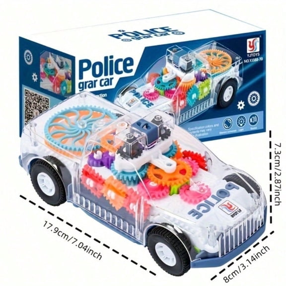 Toddler Push and Go Police Car Toy - Light up Transparent Gear Car with Music & Flashing Lights, Fun Electric Vehicle for Boys Girls