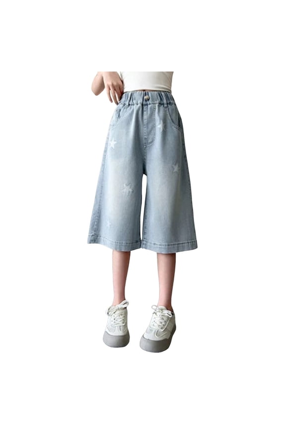 Kids Light Wash Denim Culottes, Elastic Waist with Button, Star Pattern Cropped Pants for SummerBlue150
