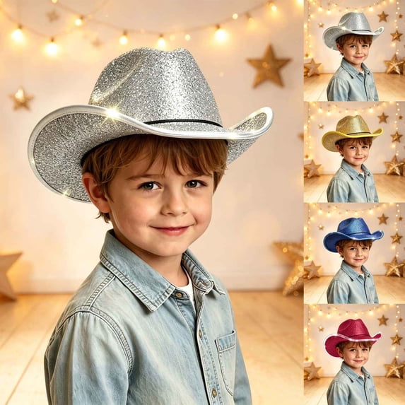 Kids Lights LED Cowboy Hat LED Flashing Hat for Western Cowboy Role Play Glitter Party Hats Halloween Accessory